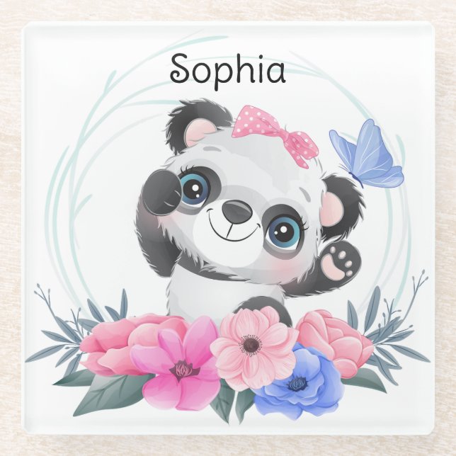 Cute Baby Panda Flower Wreath Custom Name    Glass Coaster (Front)