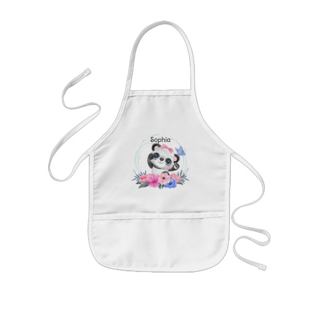 Cute Baby Panda Flower Wreath Custom Name        Kids Apron (Front)