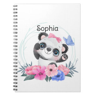 Cute Baby Panda Flower Wreath Custom Name Notebook