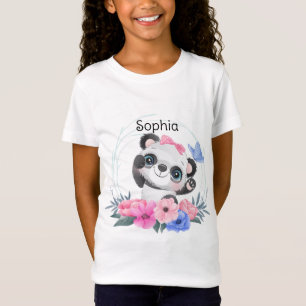 Cute Baby Panda Flower Wreath Custom Name T-Shirt