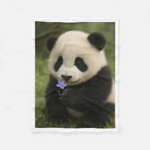 Cute Baby Panda Holding Flower Fleece Baby Blanket