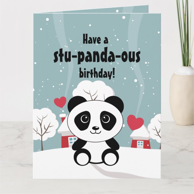 Cute Baby Panda In Winter Snow Grey Card (Front)