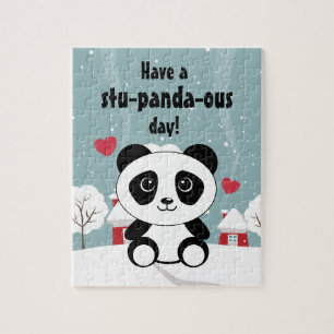 Cute Baby Panda In Winter Snow Grey Jigsaw Puzzle