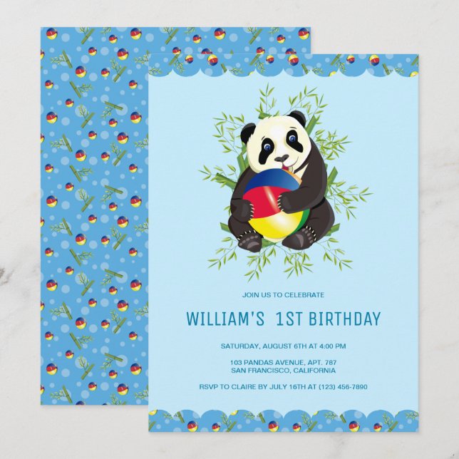 Cute Baby Panda Playing Ball 1st Birthday Party Invitation (Front/Back)