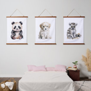 Cute baby panda, puppy and lemur hanging tapestry