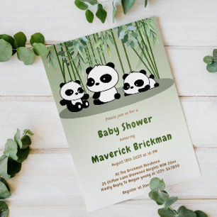 Cute Baby Panda Simple Bamboo Greenery Baby Shower Invitation