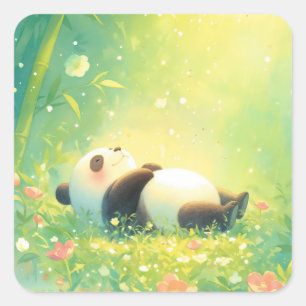 Cute Baby Panda Sleeping in Sunlit Bamboo Forest Square Sticker