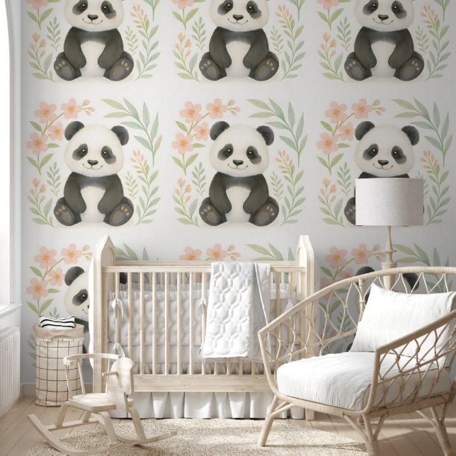Cute Baby Panda with Flowers – Watercolor Nursery  Wallpaper (Kids)