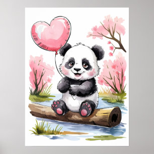Cute Baby Panda with Heart Balloon - Watercolor Poster