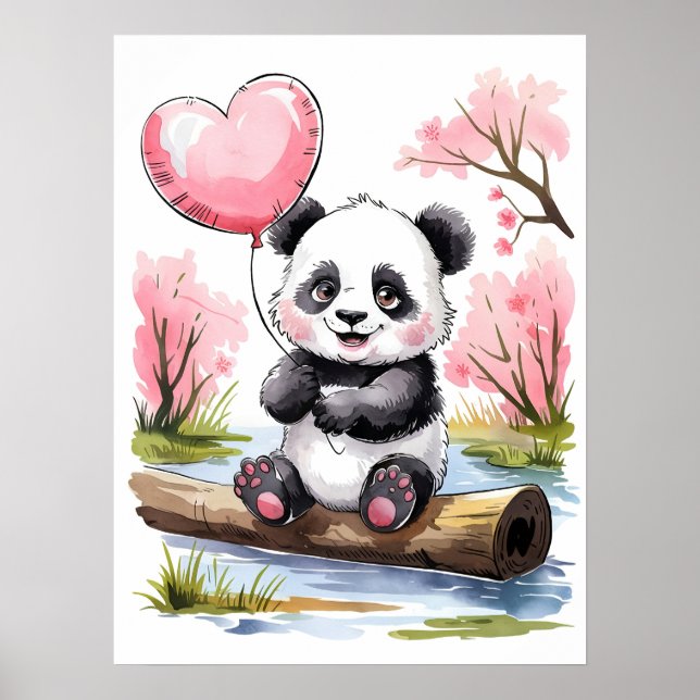 Cute Baby Panda with Heart Balloon - Watercolor  Poster (Front)