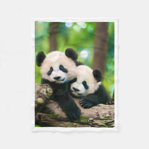 Cute Baby Pandas Playing on Log Forest Fleece Blan Blanket