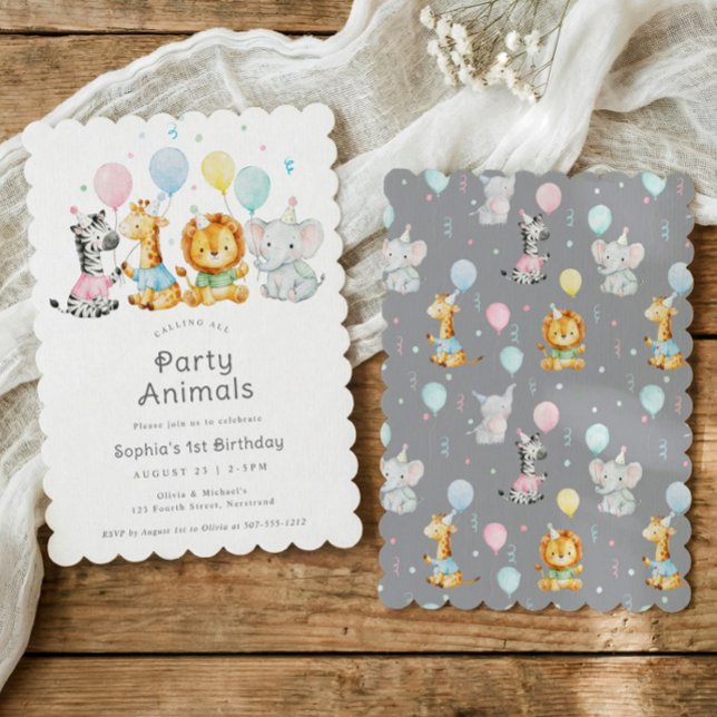 Cute Baby Party Animals Kids Birthday Party Invitation (Cute kids birthday invitation with elephant, lion, giraffe and zebra holding balloons)