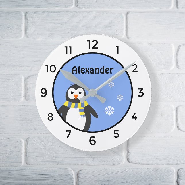 Cute baby penguin add name blue white kid's round clock (Creator Uploaded)