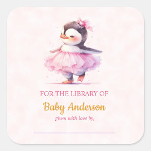 Cute Baby Penguin Ballerina Baby Shower Bookplate  Square Sticker