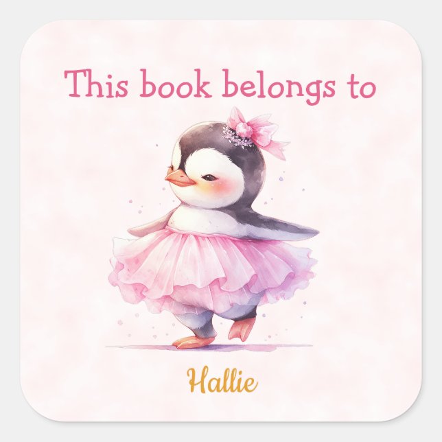 Cute Baby Penguin Ballerina Bookplate Square Sticker (Front)