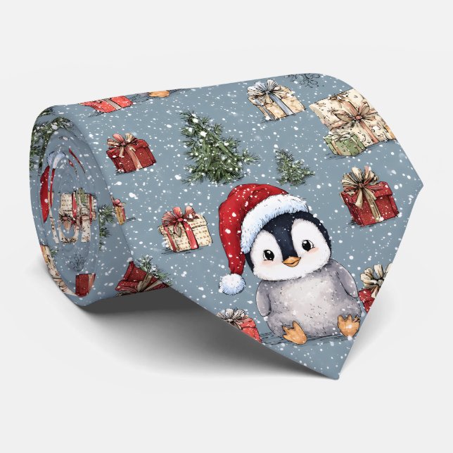 Cute Baby Penguin Christmas Tie (Rolled)