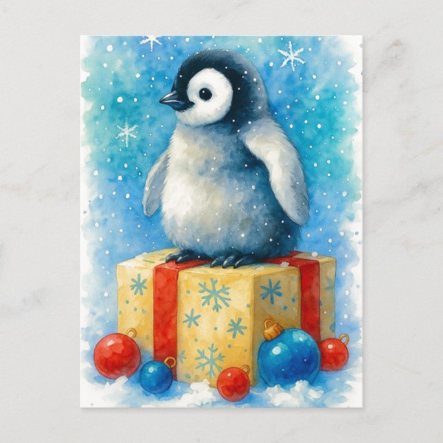 Cute Baby Penguin Christmas Watercolor Postcard (Front)