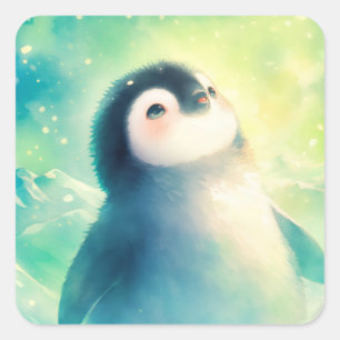 Cute Baby Penguin Gazing at Aurora Borealis Sky Square Sticker