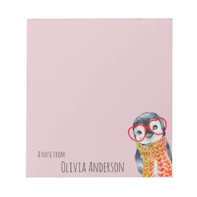 Cute Baby Penguin in Red Glasses Kids Girly Pink Notepad (Front)