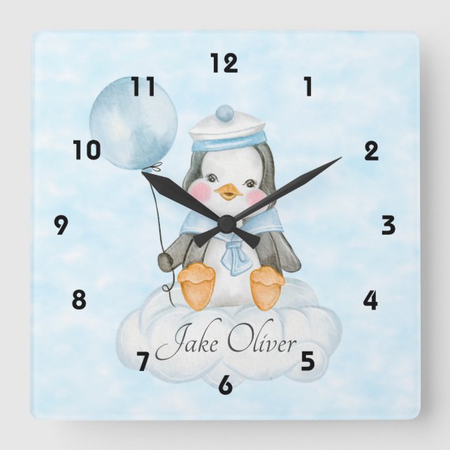 Cute Baby Penguin On A Cloud Square Wall Clock (Front)