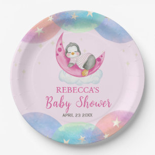 Cute Baby Penguin Pink Baby Shower Paper Plate
