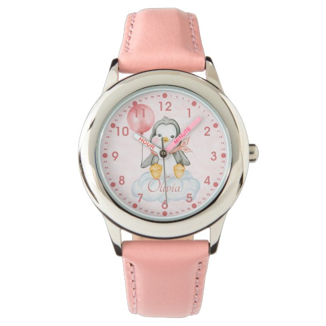 Cute Baby Penguin Pink Personalised Watch (Front)