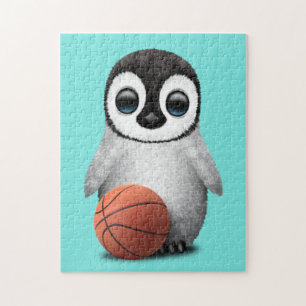 Cute Baby Penguin Playing With Basketball Jigsaw Puzzle