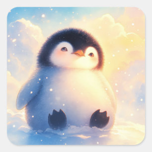 Cute Baby Penguin Sitting in Soft Winter Snow Square Sticker