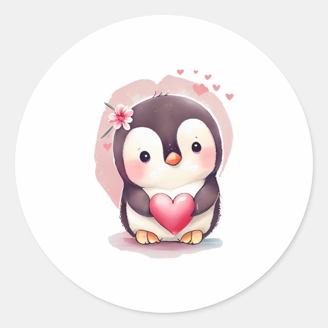 Cute Baby Penguin Valentines Day Animal Lover Classic Round Sticker (Front)