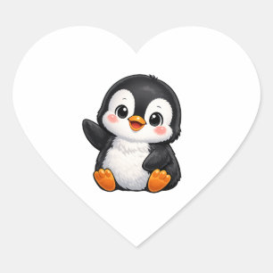 Cute Baby Penguin Waving Cartoon Character Kids Ka Heart Sticker