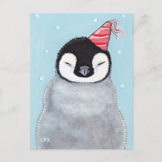 Cute Baby Penguin Wearing a Party Hat Painting Postcard (Front)