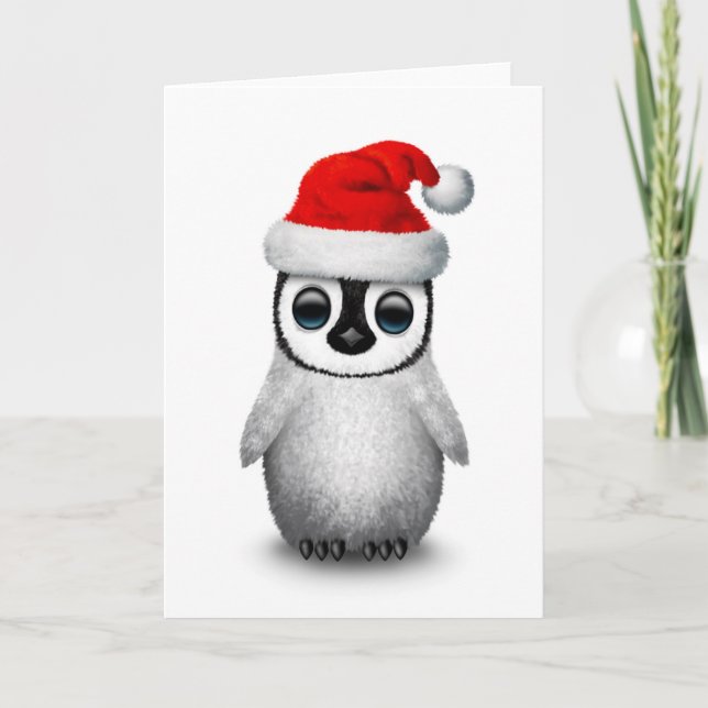 Cute Baby Penguin Wearing a Santa Hat White Holiday Card (Front)