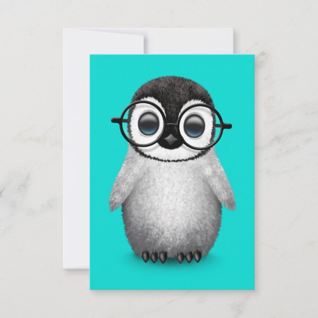 Cute Baby Penguin Wearing Eye Glasses on Blue (Front)