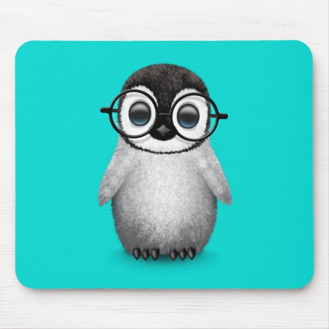 Cute Baby Penguin Wearing Eye Glasses on Blue Mouse Mat (Front)