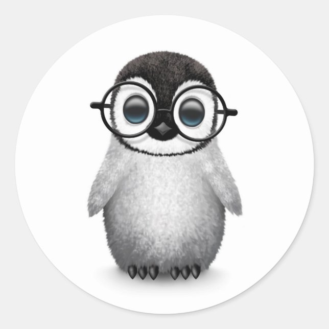 Cute Baby Penguin Wearing Eye Glasses on White Classic Round Sticker (Front)