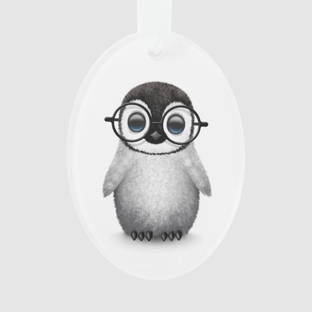 Cute Baby Penguin Wearing Eye Glasses on White Ornament (Front)