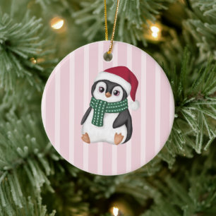 Cute Baby Penguin Wearing Santa Hat Christmas Ceramic Tree Decoration
