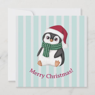 Cute Baby Penguin Wearing Santa Hat Christmas Holiday Card