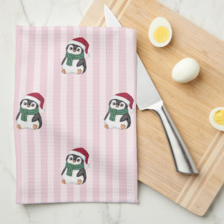 Cute Baby Penguin Wearing Santa Hat Christmas Tea Towel