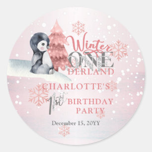 Cute Baby Penguin Winter ONEderland 1st Birthday Classic Round Sticker
