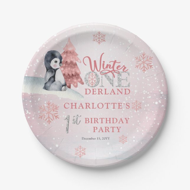 Cute Baby Penguin Winter ONEderland 1st Birthday Paper Plate (Front)