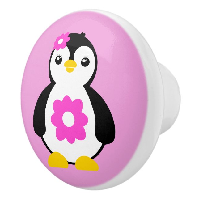 Cute Baby Penguin with Pink Flowers Ceramic Knob (Right)