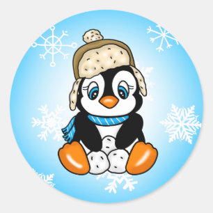Cute Baby Penguin with Snowflakes Background Classic Round Sticker
