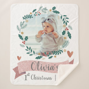 Cute Baby Photo First Christmas Pink Heart Wreath Sherpa Blanket