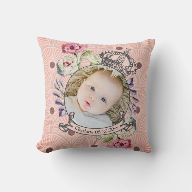 Cute Baby Photo Keepsake Name Birth Date Custom Cushion (Front)