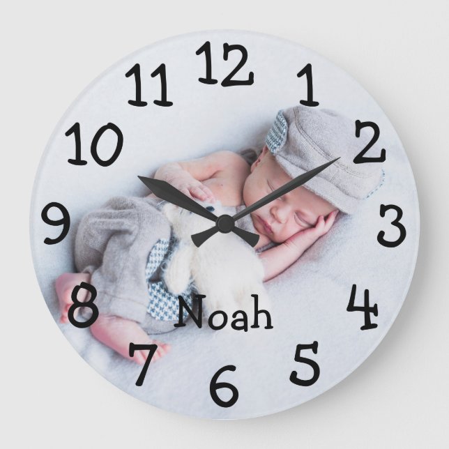 Cute Baby Photo Personalised Name Large Clock (Front)