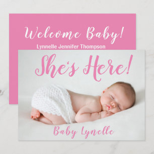 Cute Baby Photo, She's Here, Pink Announcement
