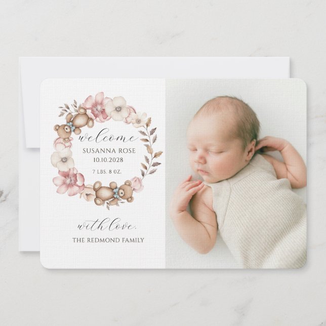 Cute Baby Photo Teddy Bear Wreath Birth Announcement (Front)