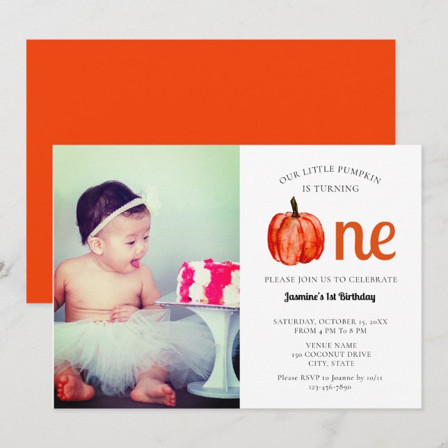 Cute baby photocard first birthday Pumpkin Autumn Invitation (Front/Back)