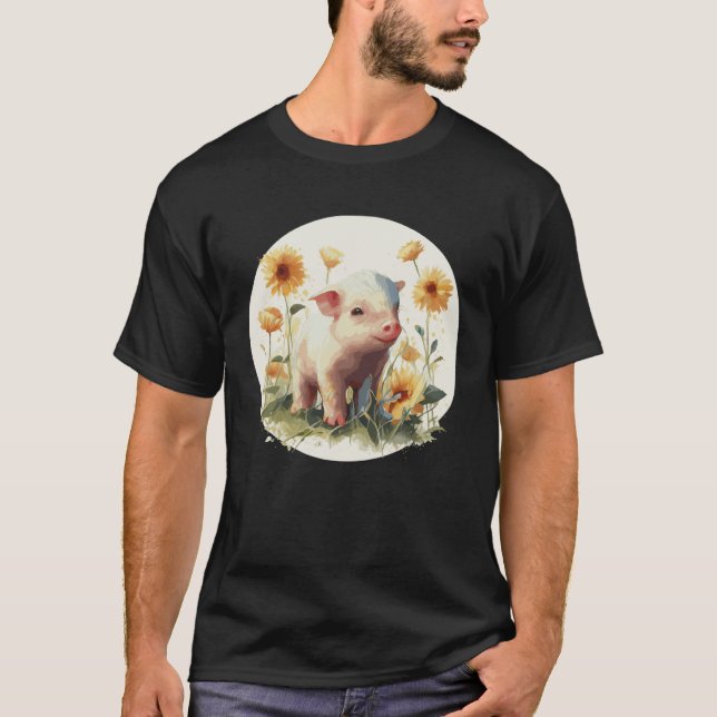 Cute Baby Pig Piglet Sunflower Farm Animal Farmer T-Shirt (Front)